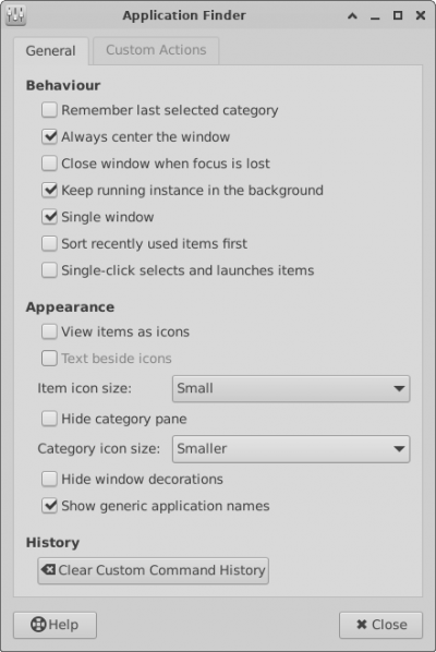 xfce4-appfinder General Preferences Tab