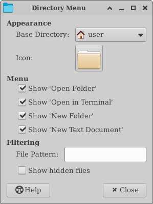 xfce4-panel Directory Menu Preferences Window