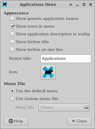 xfce4-panel Applications Menu Preferences Window