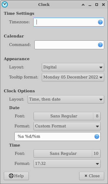 xfce4-panel Clock Preferences Window