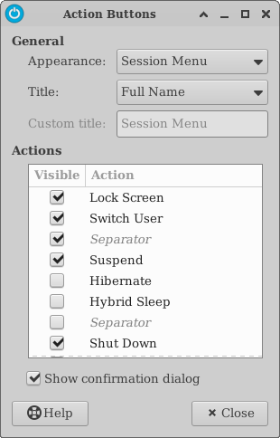 xfce4-panel Action Buttons Preferences