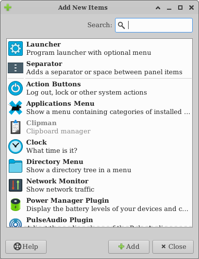 xfce4-panel Add New Items window