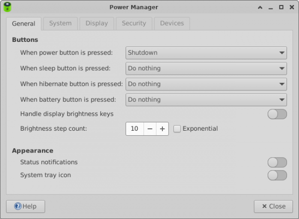 Power Manager Preferences General Tab