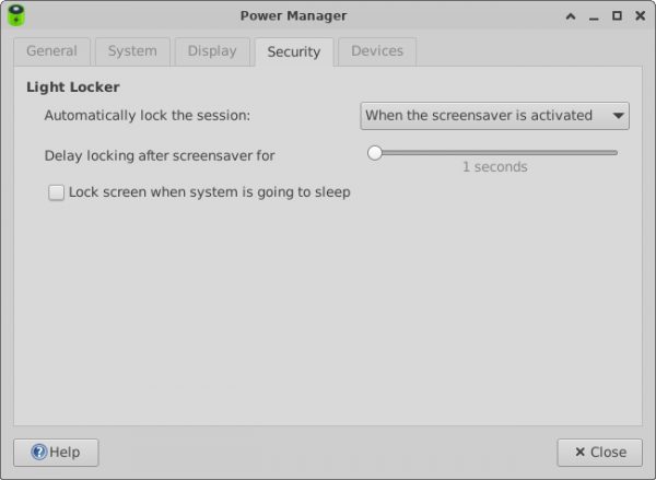 Power Manager Preferences Security Tab