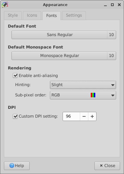 Appearance Preferences: Font Settings Tab