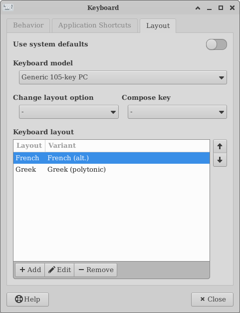 Keyboard Preferences: Language/Layout/Model Settings Dialog