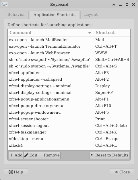 Keyboard Preferences: Shortcuts List Tab