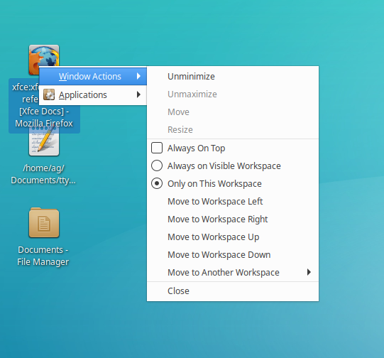 Minimized application icon context menu