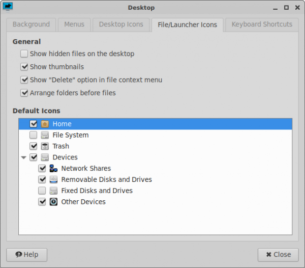 Default Icons Options Dialog Window