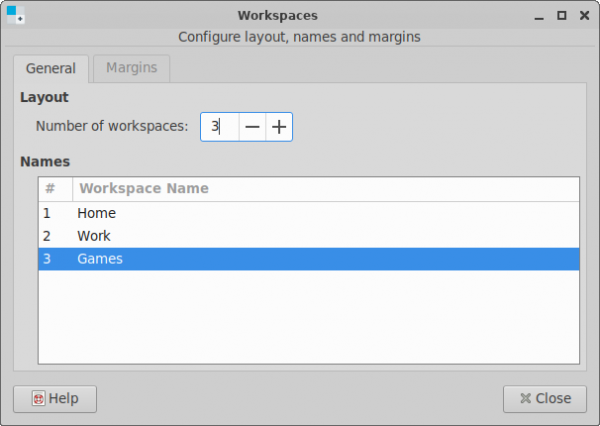 Workspace Settings Name & Number tab window