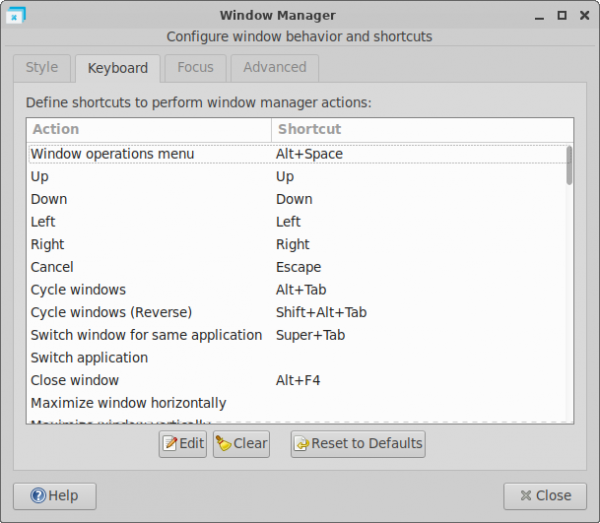 xfwm4 Preferences Keyboard Settings Tab